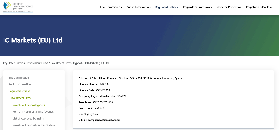 IC Markets (EU) Ltd được CySEC cấp phép số 362/18 tại Cyprus